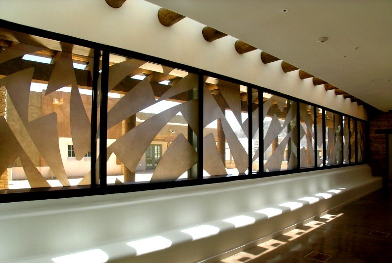 Patinated Steel 'Serpentine' Window and Sandblasted Glass at the Acoma Sky City Cultural Center, NM